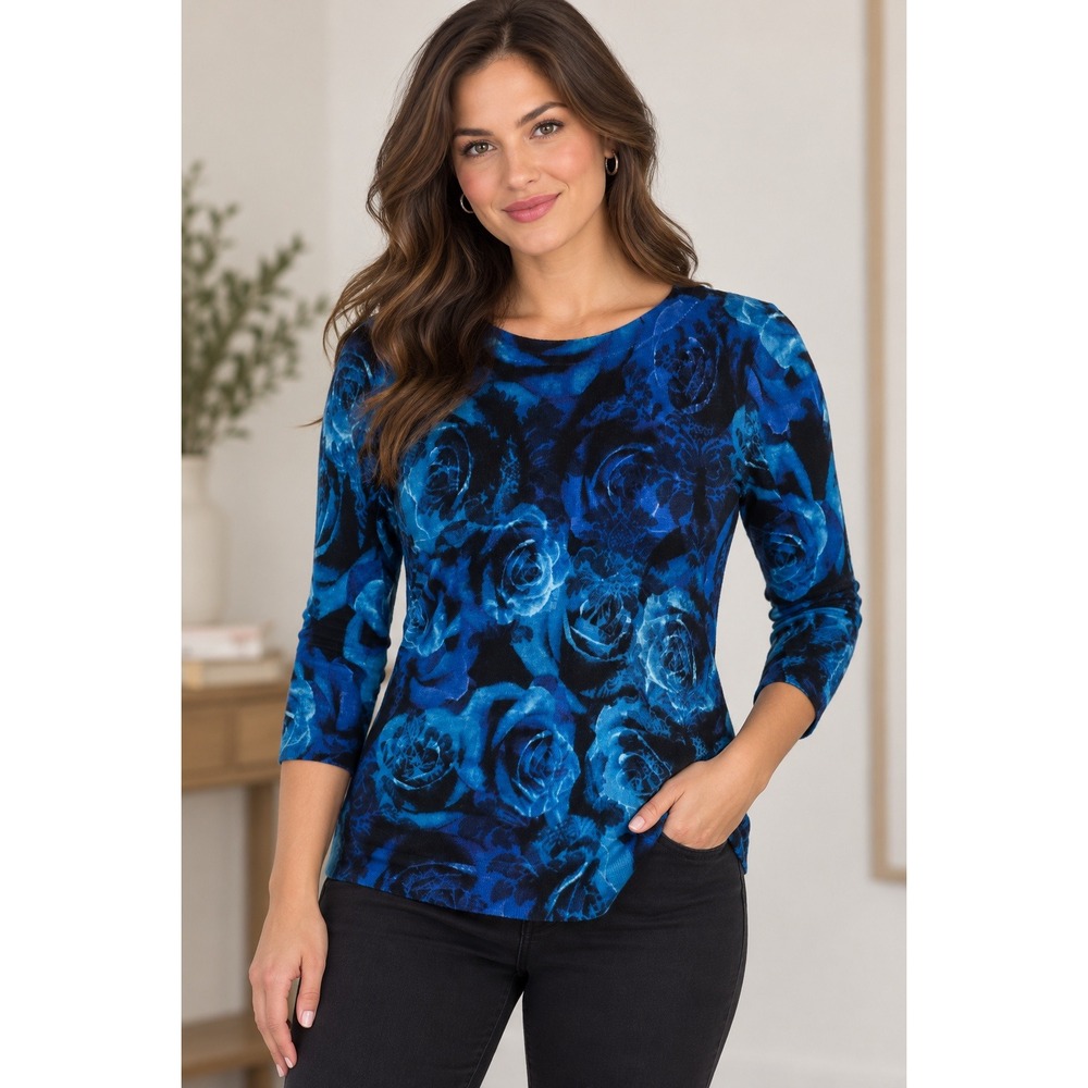 Talbots Sweater Women S Blue Floral Rose 100% Merino Wool 3/4 Sleeve Crewneck